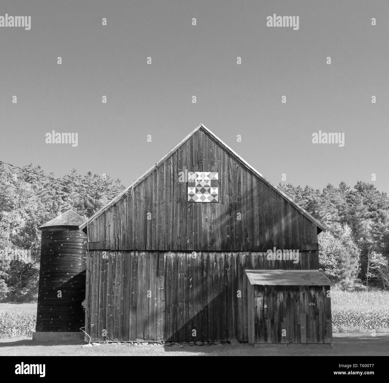 Grange avec édredon et silo en bois noir et blanc grange avec édredon et silo en bois noir et blanc Banque D'Images