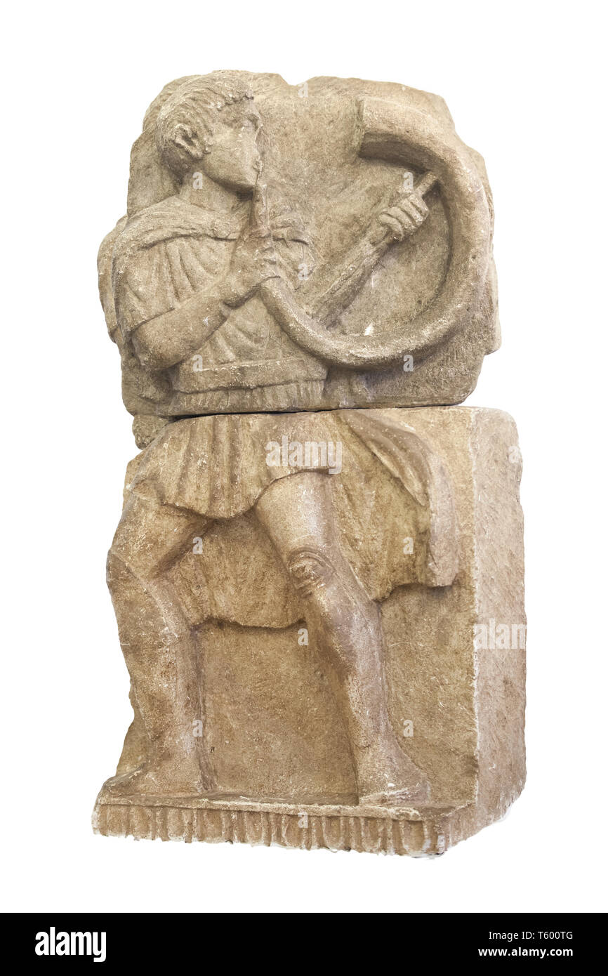Osuna, Espagne - avril 20th, 2019 : Horn player d'Osuna. La culture ibérique haut relief. Réplique à Osuna Musée Archéologique, Séville Banque D'Images