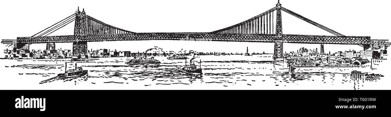 Williamsburg Bridge est un pont suspendu de la ville de New York dans l'East River reliant le Lower East Side de Manhattan à Delancey Street, vint Illustration de Vecteur