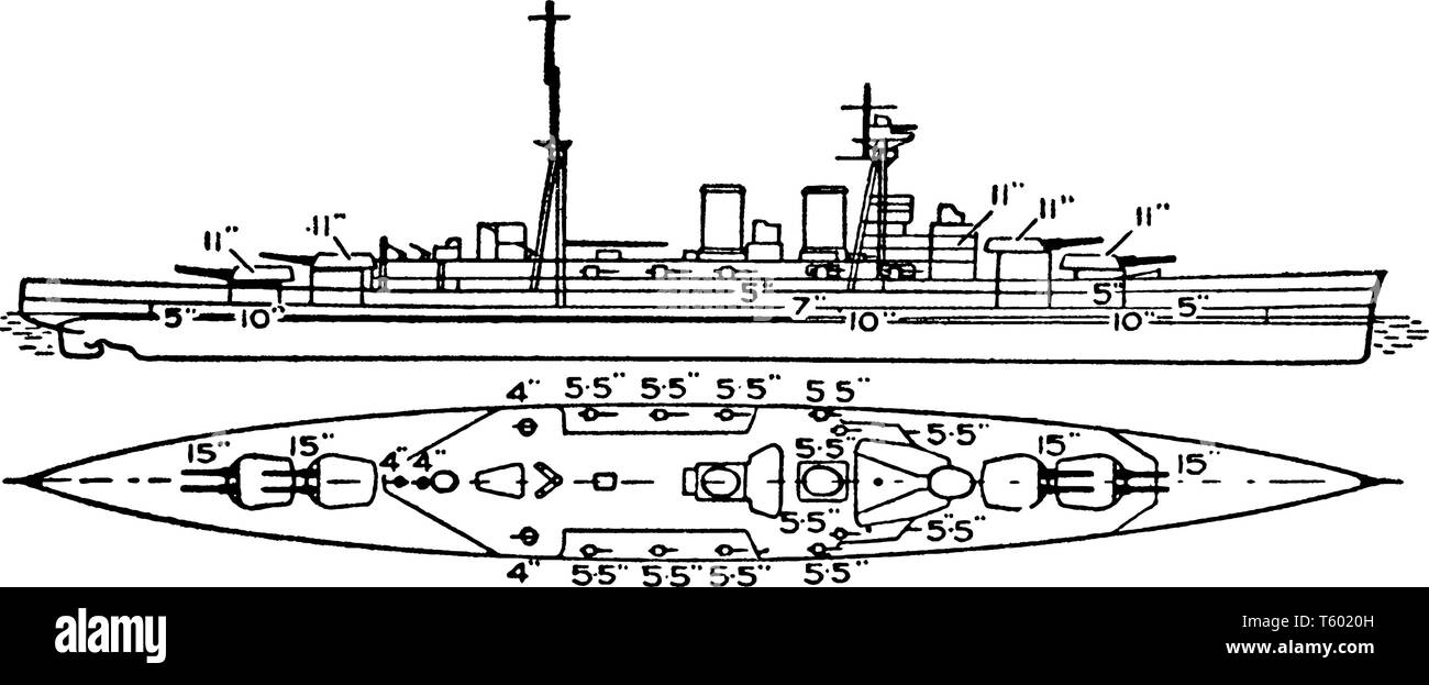 La Marine britannique célèbre Croiseur design lancée en 1916 et est un design modifié Royal Sovereign cuirassé de classe pour une plus grande vitesse, la ligne d, vintage Illustration de Vecteur