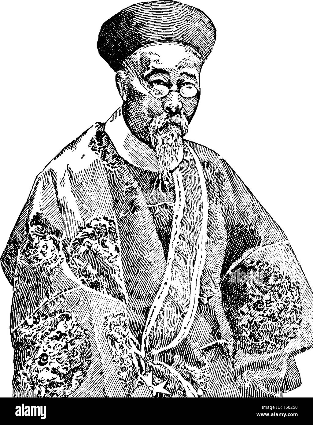 Li Hung Chang était la plus éclairée de l'homme d'État chinois du xixe siècle, la gravure ou le dessin des lignes vintage illustration. Illustration de Vecteur