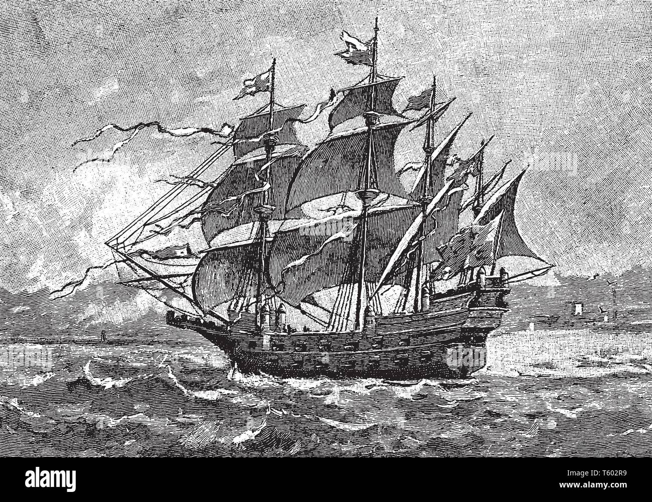 Harry est le premier grand navire célèbre de la marine anglaise construit en 1512, le dessin des lignes vintage ou gravure illustration. Illustration de Vecteur