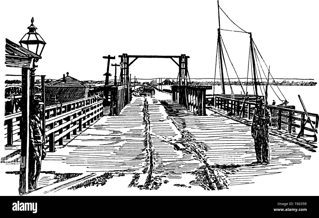 Rivière Potomac grand pont au-dessus du Potomac à Washington, vintage dessin ou gravure illustration. Illustration de Vecteur