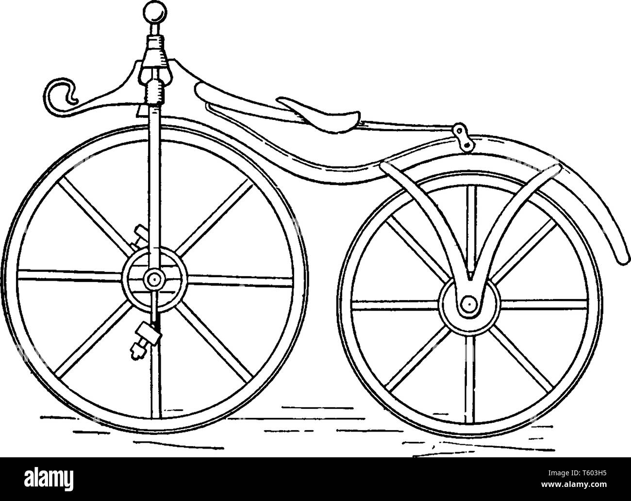 Dandy Horse était un véhicule à deux roues propulsés par le rider, pieds vintage dessin ou gravure illustration. Illustration de Vecteur