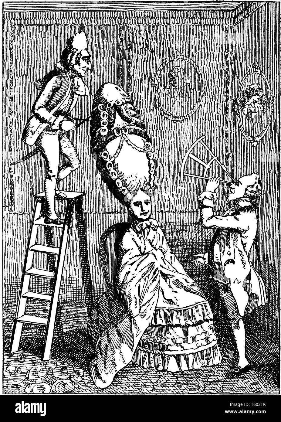 Goût ridicule ou les Dames de l'absurde où l'une des nombreuses caricatures de l'extravagance de la mode dans la coiffure des deux sexes au cours de l'eighteent Illustration de Vecteur