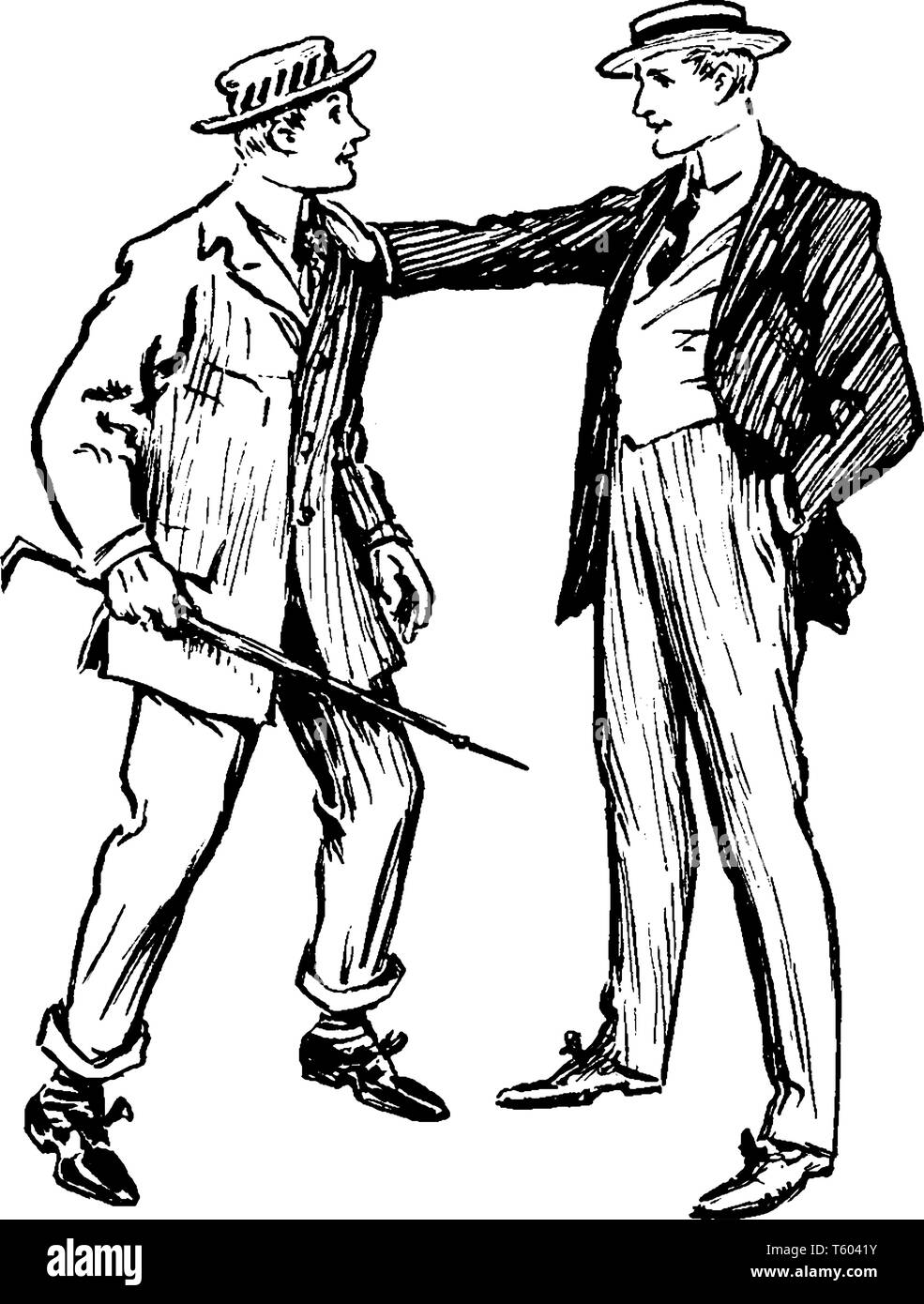 Deux hommes parlant et l'un d'eux tenant stick en main, vintage dessin ou gravure illustration Illustration de Vecteur