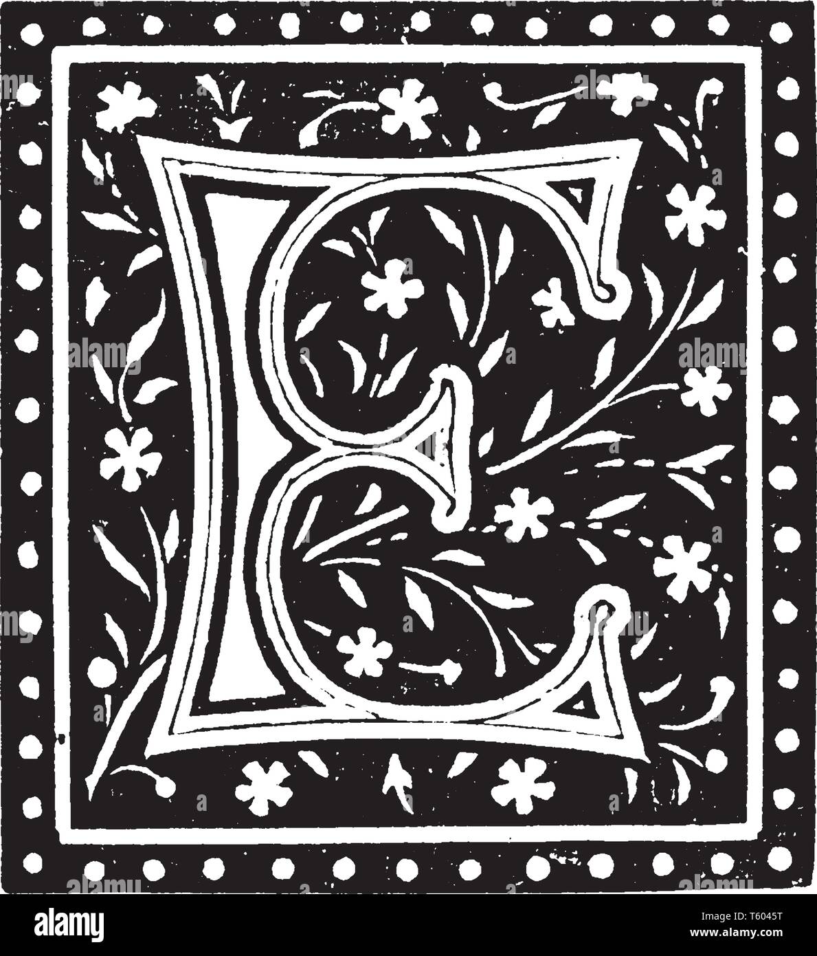 Décoration florale et une lettre majuscule E, vintage dessin ou gravure illustration Illustration de Vecteur