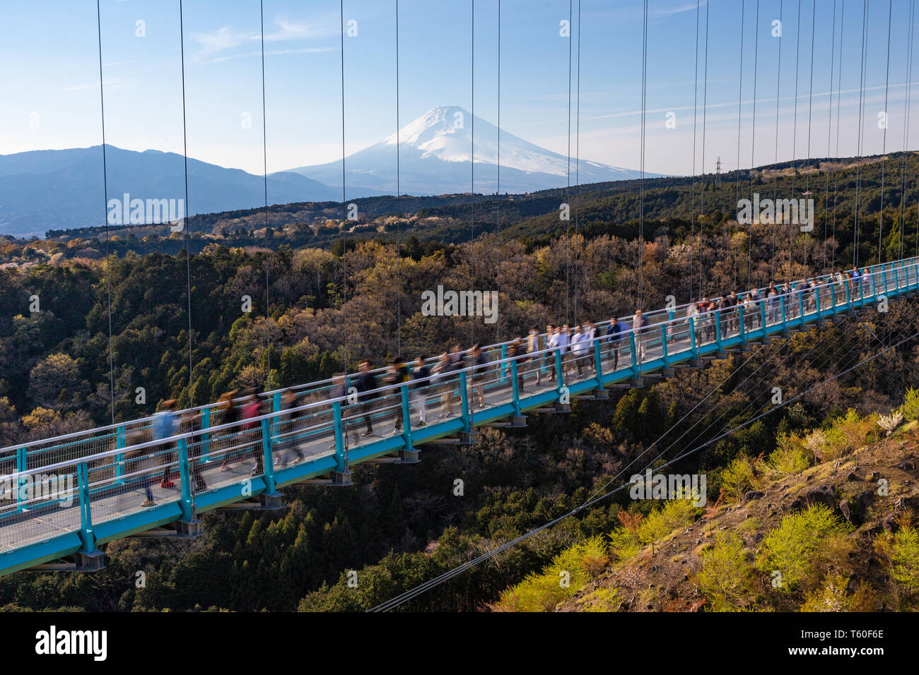 Les gens walkin sur Mishima Skywalk bridge avec le Mont Fuji vu dans le lointain, claire journée ensoleillée Banque D'Images