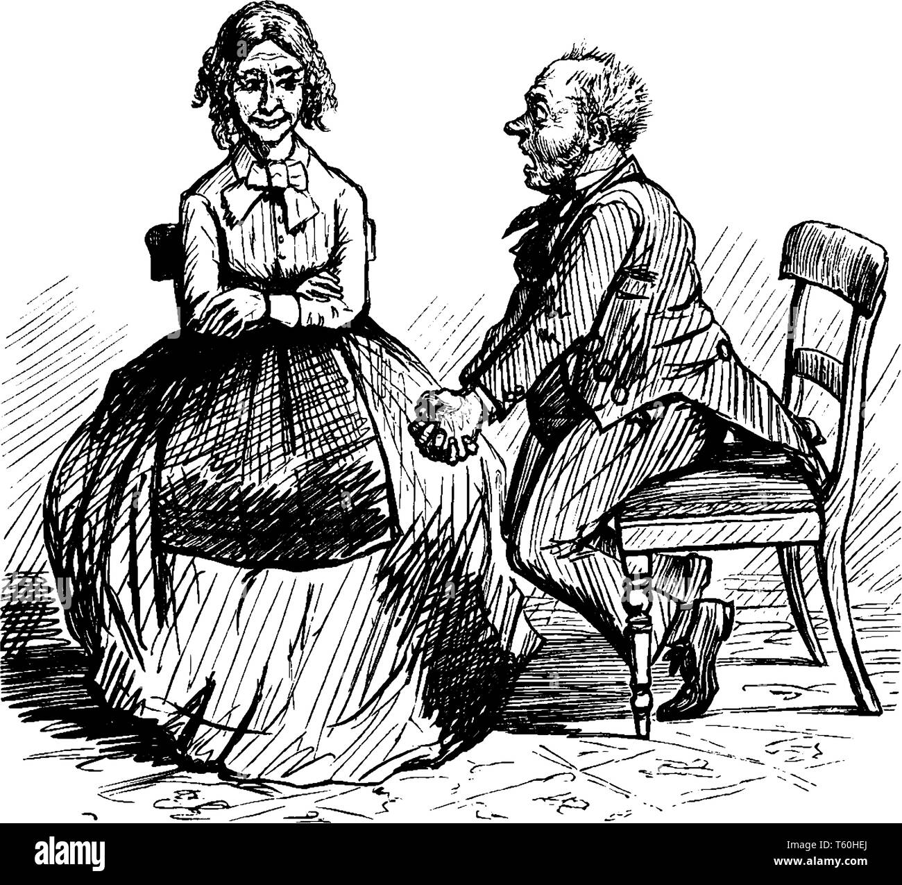 Un homme et une femme assis dans des chaises et à parler, vintage dessin ou gravure illustration Illustration de Vecteur