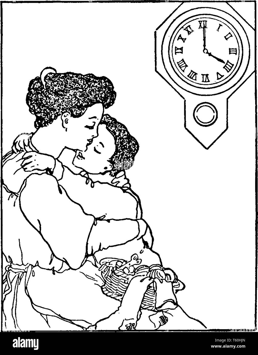 A woman holding baby, de l'horloge sur le mur en arrière-plan, la ligne vintage dessin ou gravure illustration Illustration de Vecteur
