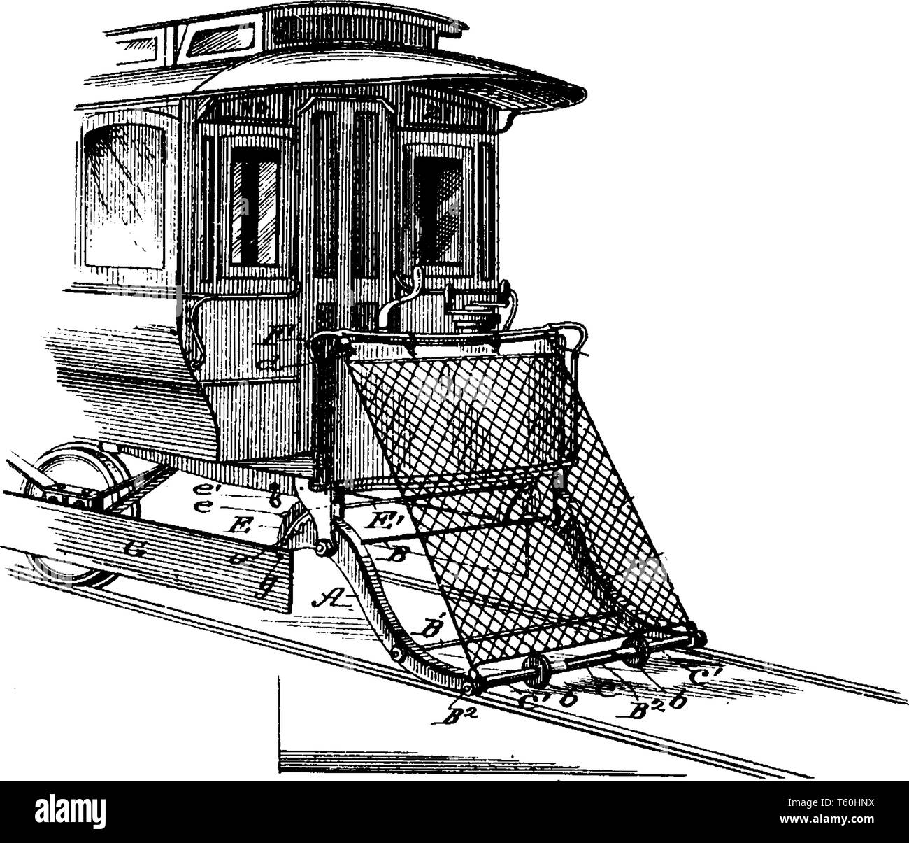 Pick Up Aile de voiture est fait de métal comme clôtures pour protéger le rail panier à partir de grands débris de la route, vintage dessin ou gravure illustra Illustration de Vecteur
