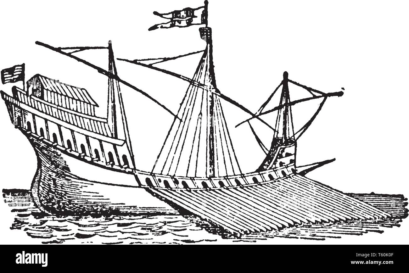 Galleass vénitien est un bâtiment autrefois très utilisé dans la Méditerranée, vintage dessin ou gravure illustration. Illustration de Vecteur