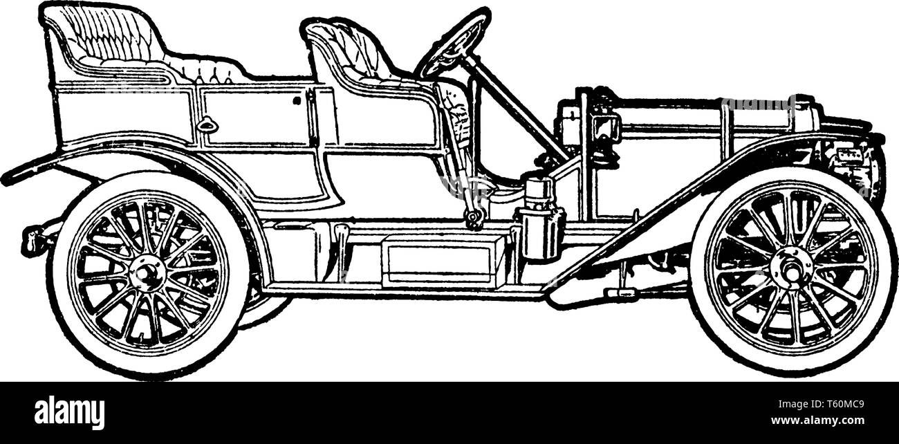 Automobile qui est l'une des premières voitures à moteur de travail inventé au début des années 1900 en utilisant un moteur à essence, vintage dessin ou gravure illustra Illustration de Vecteur