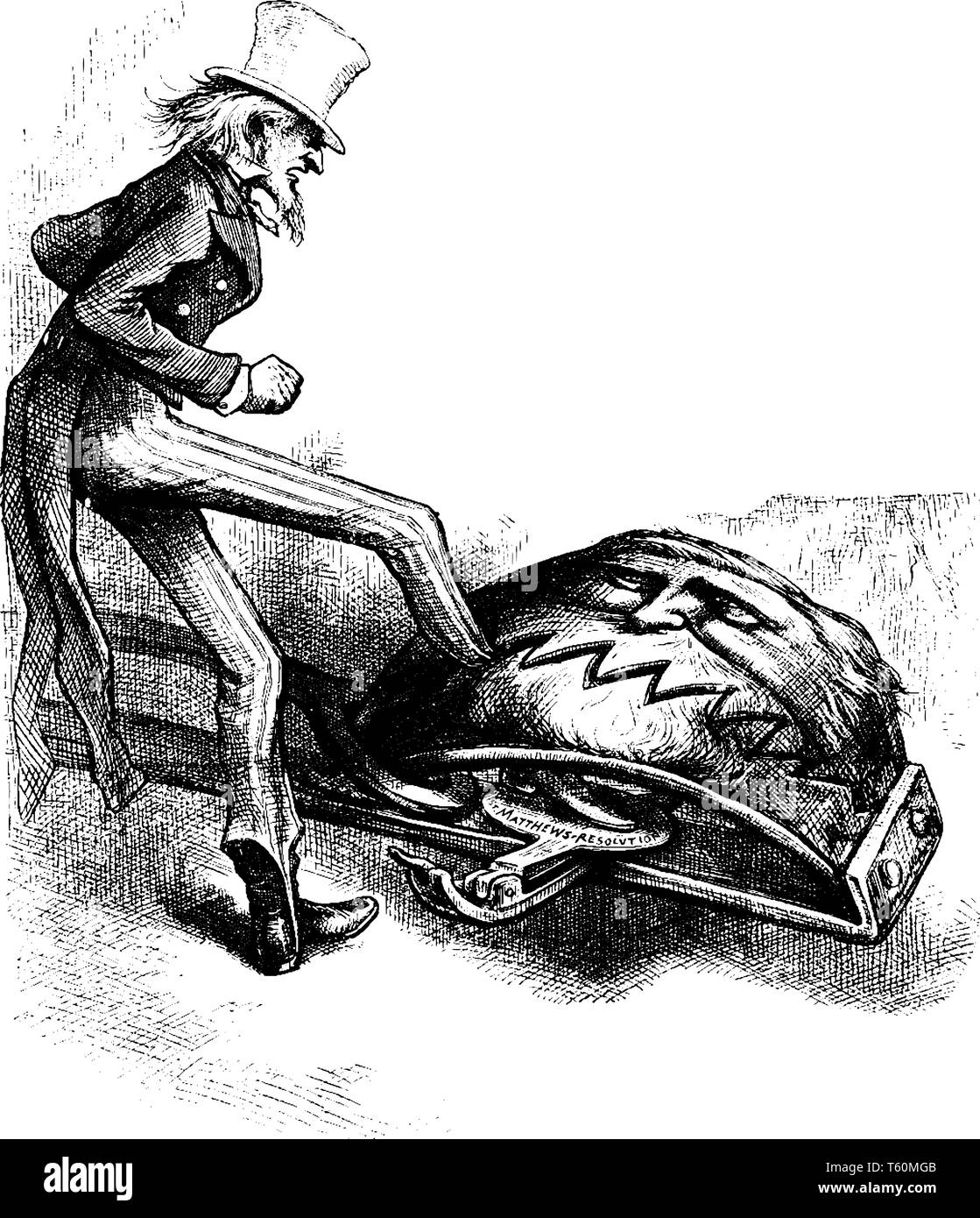 Des mesures nationales en matière de faillite, un homme de mettre pied dans la bouche de Matthew Stanley, vintage dessin ou gravure illustration Illustration de Vecteur