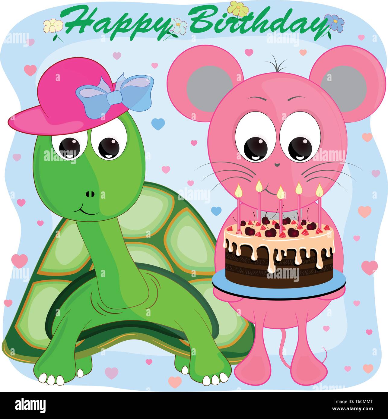 Carte de souhaits d'anniversaire avec la souris et tortue. animaux cartoon vector illustration. Illustration de Vecteur