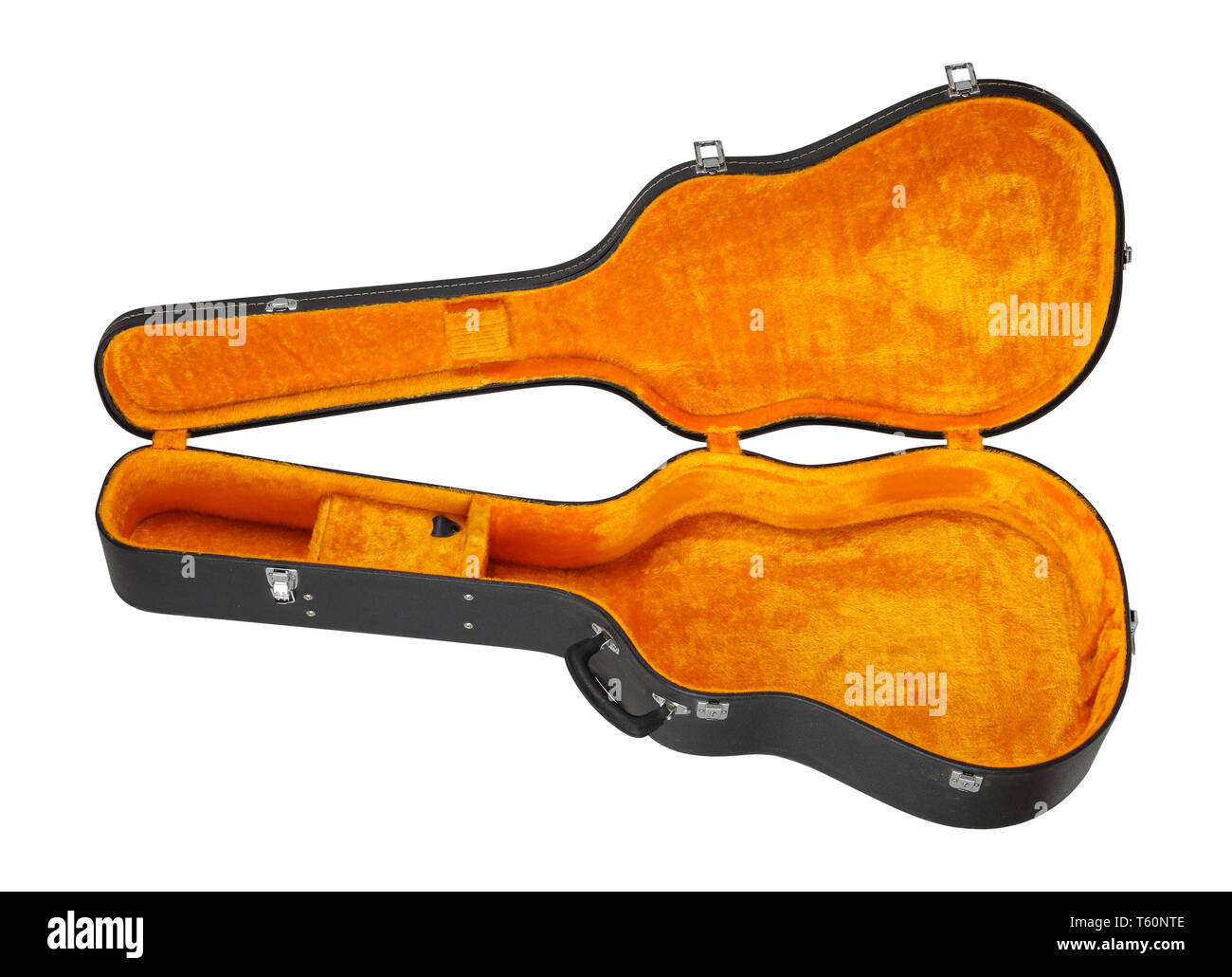 Instrument de musique - noir et jaune ouvert guitare acoustique Etui rigide isolé sur un fond de bois Banque D'Images
