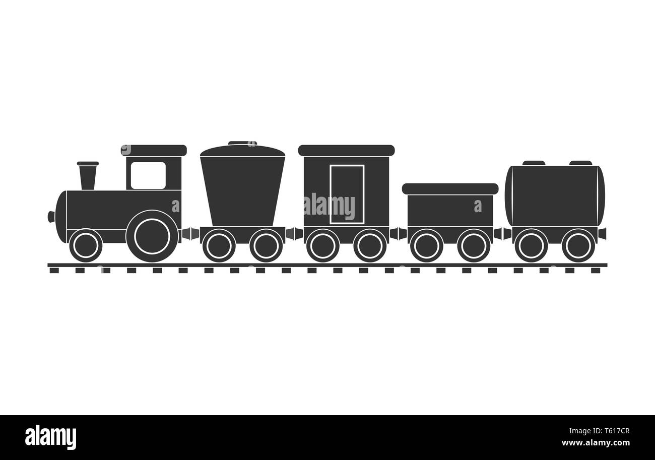 Le train de marchandises pour les enfants avec locomotive à vapeur et des voitures différentes, modèle plat Illustration de Vecteur
