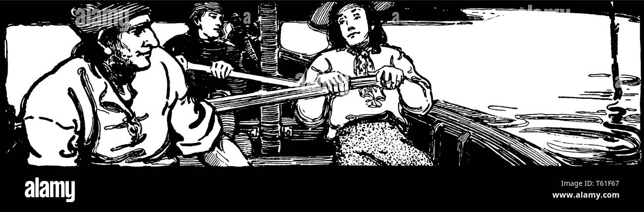 L'aviron deux bateau sur rivière, vintage dessin ou gravure illustration Illustration de Vecteur