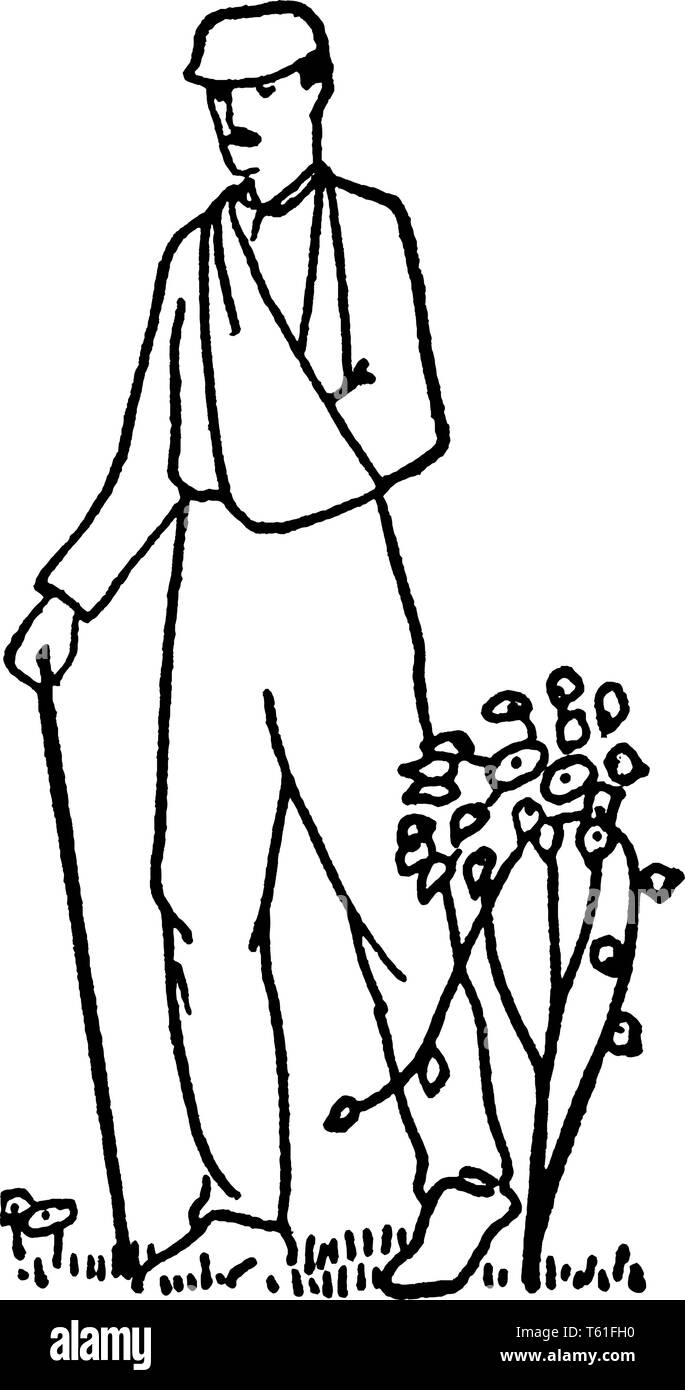 Un homme blessé avec un bras et jambe marcher avec l'aide de bâton, vintage dessin ou gravure illustration Illustration de Vecteur