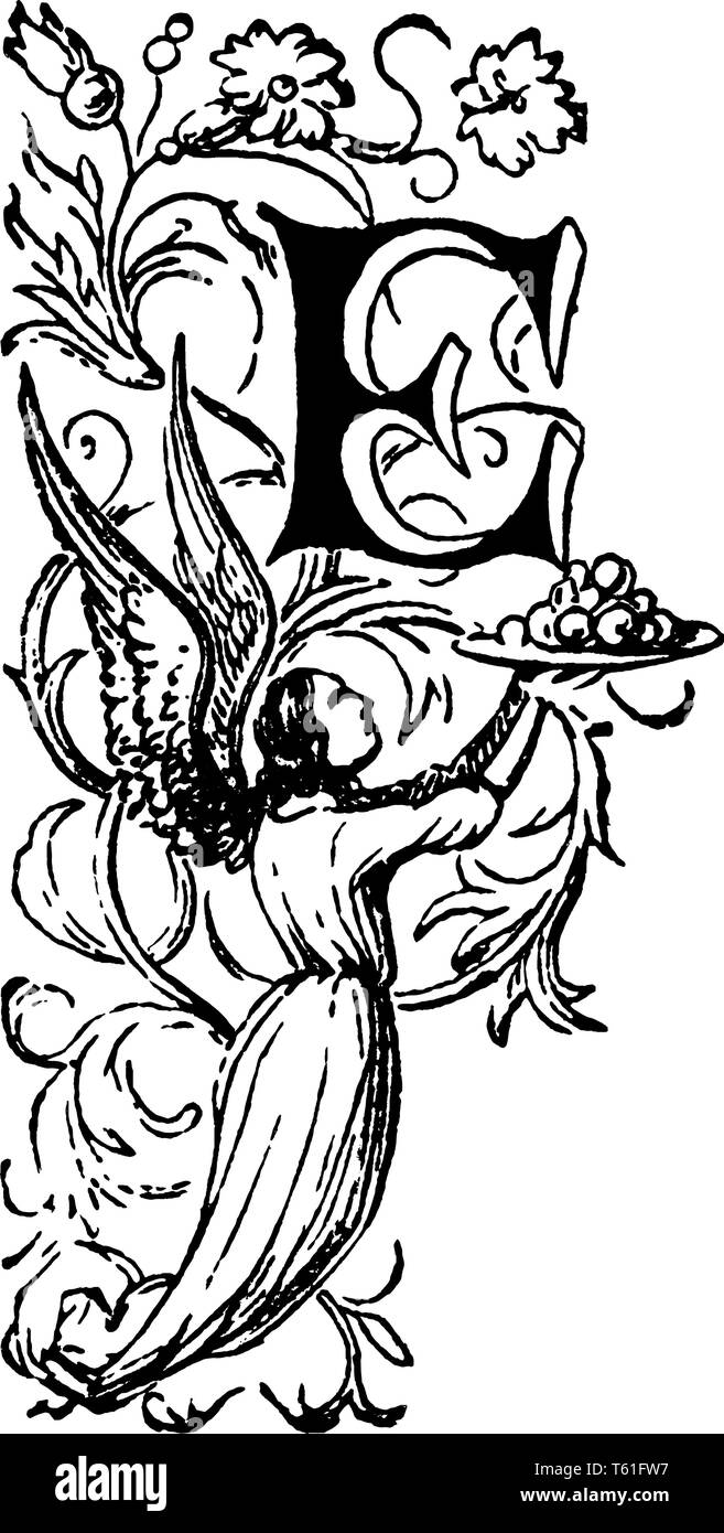 Une lettre majuscule E avec un Ange tenant une assiette avec des fruits sur le dessus, le dessin des lignes vintage ou gravure illustration Illustration de Vecteur