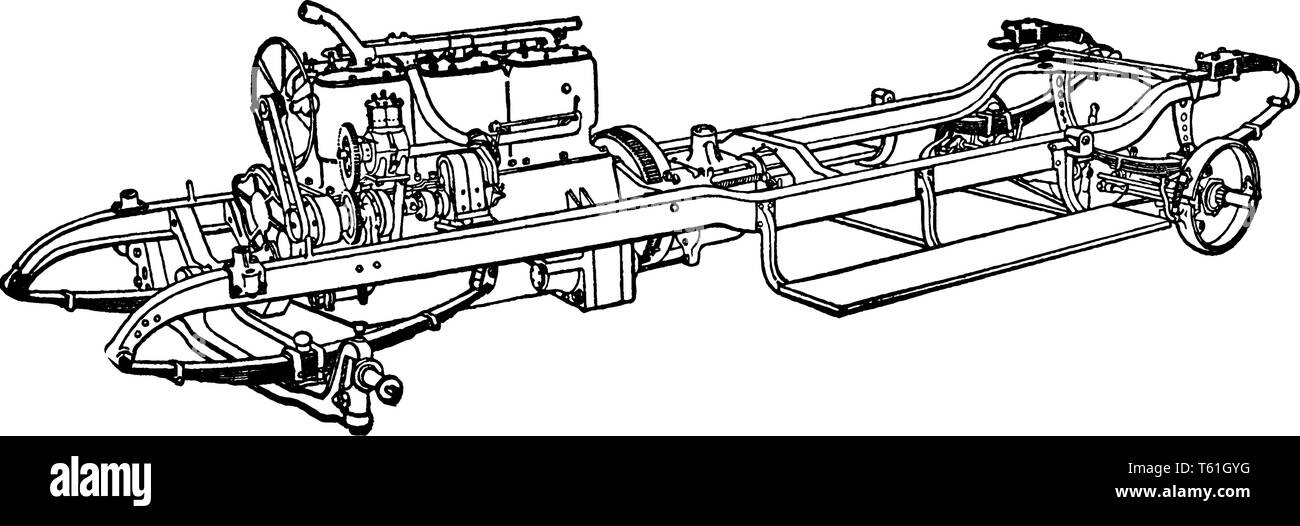 La construction d'une automobile l'étape 17 du moteur et de la transmission est fixée au châssis et relié à l'essieu arrière par l'arbre d'entraînement, vintage line drawin Illustration de Vecteur