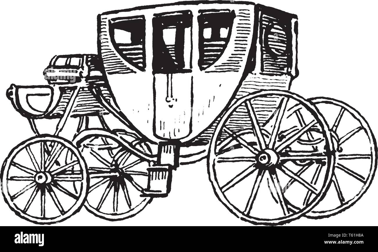 Stagecoach est un quatre roues chariot passagers transportés par les chevaux, vintage dessin ou gravure illustration. Illustration de Vecteur