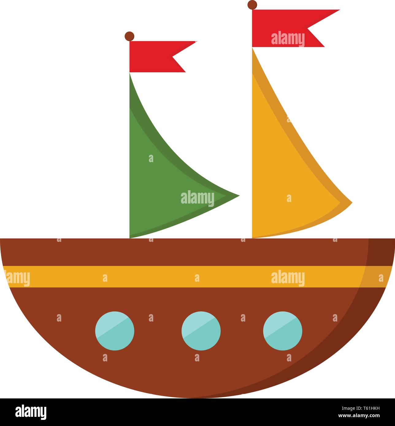 Un Bateau Semi Circulaire Brun Qui Un Vert Et Jaune De La Voile Avec Deux Drapeaux Rouges Sur Les Voiles Et Trois Fenetres Bleu Circulaire Vector Dessin En Couleur Ou D Illu Image Vectorielle