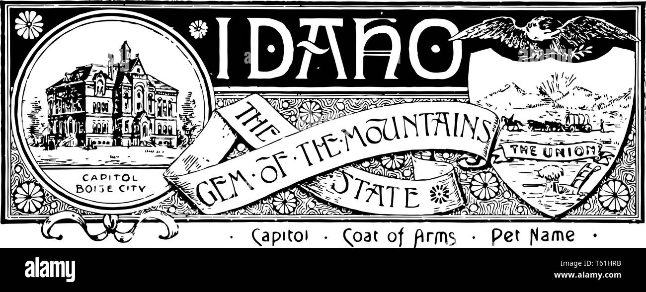 La bannière de l'état de l'Idaho le joyau de la mountain state cet état a state house et ci-dessous CAPITOL BOISE CITY en forme de protection de droite à cheval Illustration de Vecteur