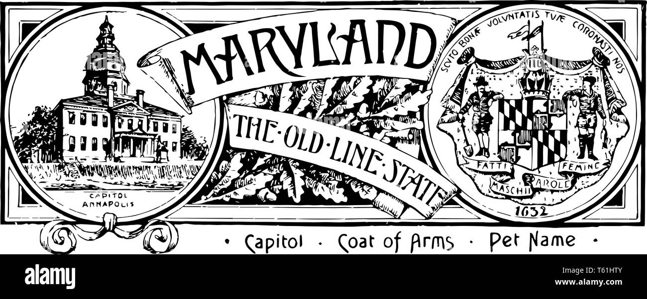 La bannière de l'état du Maryland l'ancienne ligne Cette bannière représente un état chambre sur le côté gauche du cercle à droite avec un laboureur et un pêcheur s' Illustration de Vecteur