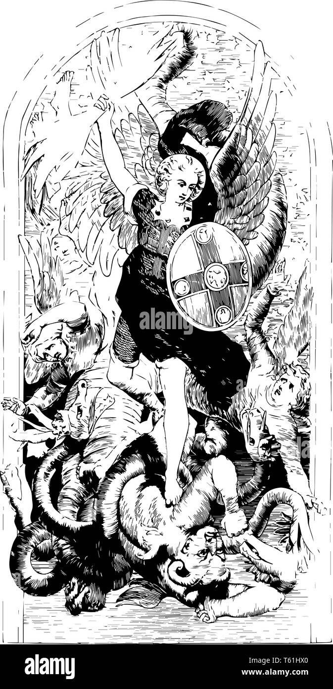 Vitrail représente Saint Michel chasser le grand dragon rouge, le vitrail se trouve généralement sur l'Eglise à des fins décoratives, windows Illustration de Vecteur