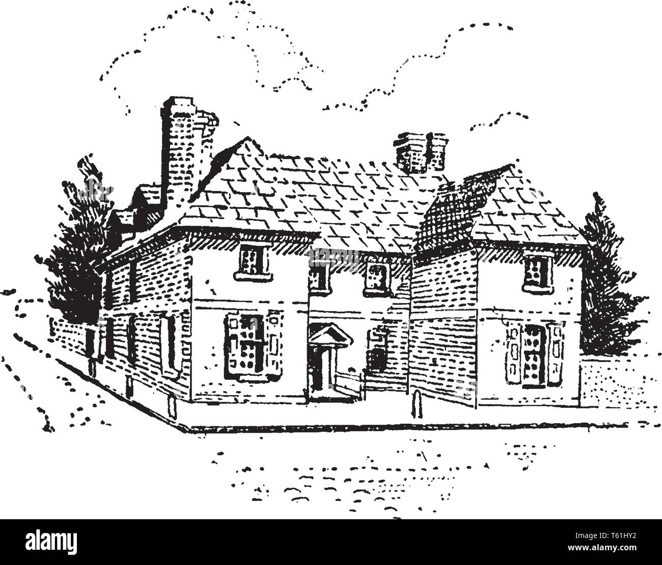 Maison de William Penn qui était un entrepreneur immobilier, philosophe à Philadelphie,vintage dessin ou gravure illustration. Illustration de Vecteur