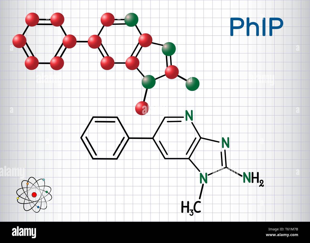 PhIP ( 2-amino-1-méthyl-6-phenylimidazo(4,5-b)pyridine) molécule. Formule chimique structurale et molécule modèle. Feuille de papier dans une cage.Vector illu Illustration de Vecteur