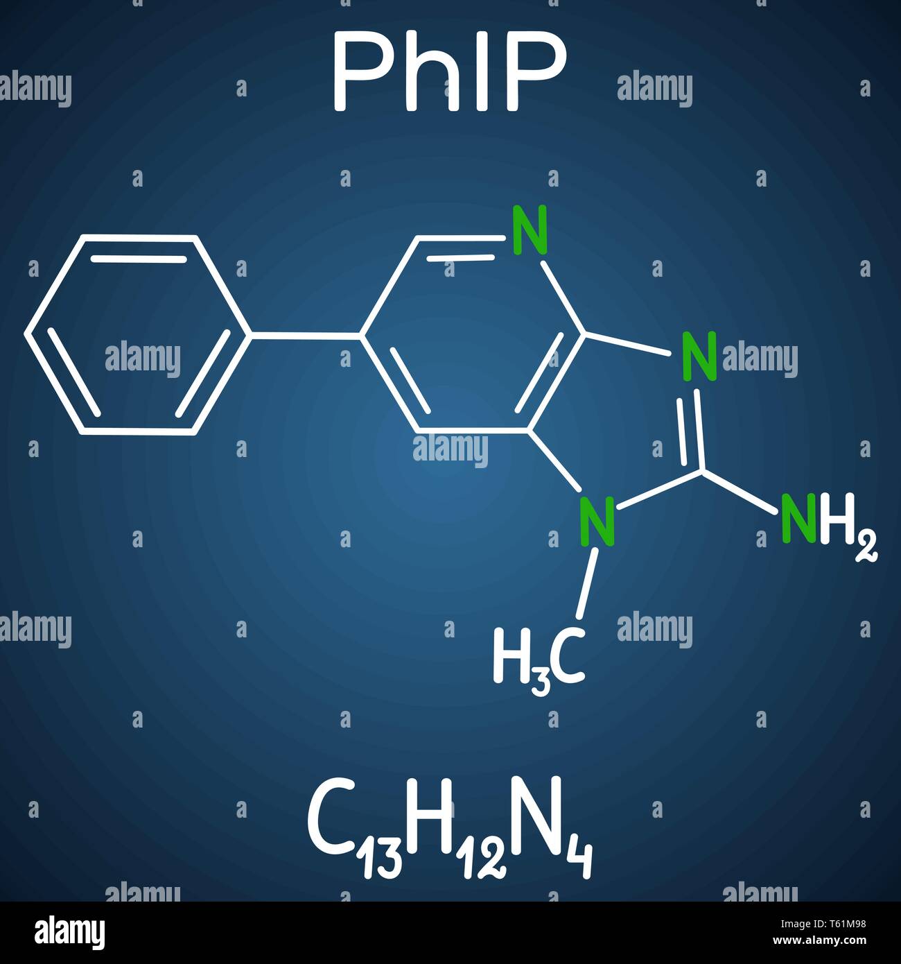PhIP ( 2-amino-1-méthyl-6-phenylimidazo(4,5-b)pyridine) molécule. Formule chimique et structurale de la molécule modèle fond bleu foncé. Je vecteur Illustration de Vecteur