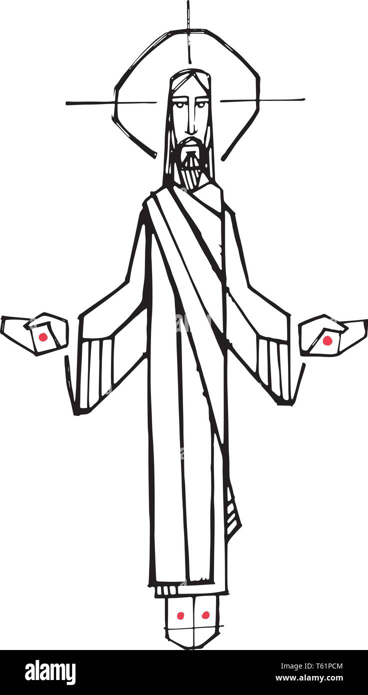 Hand drawn vector illustration ou dessin de Jésus Christ avec les bras ouverts et les mains Illustration de Vecteur