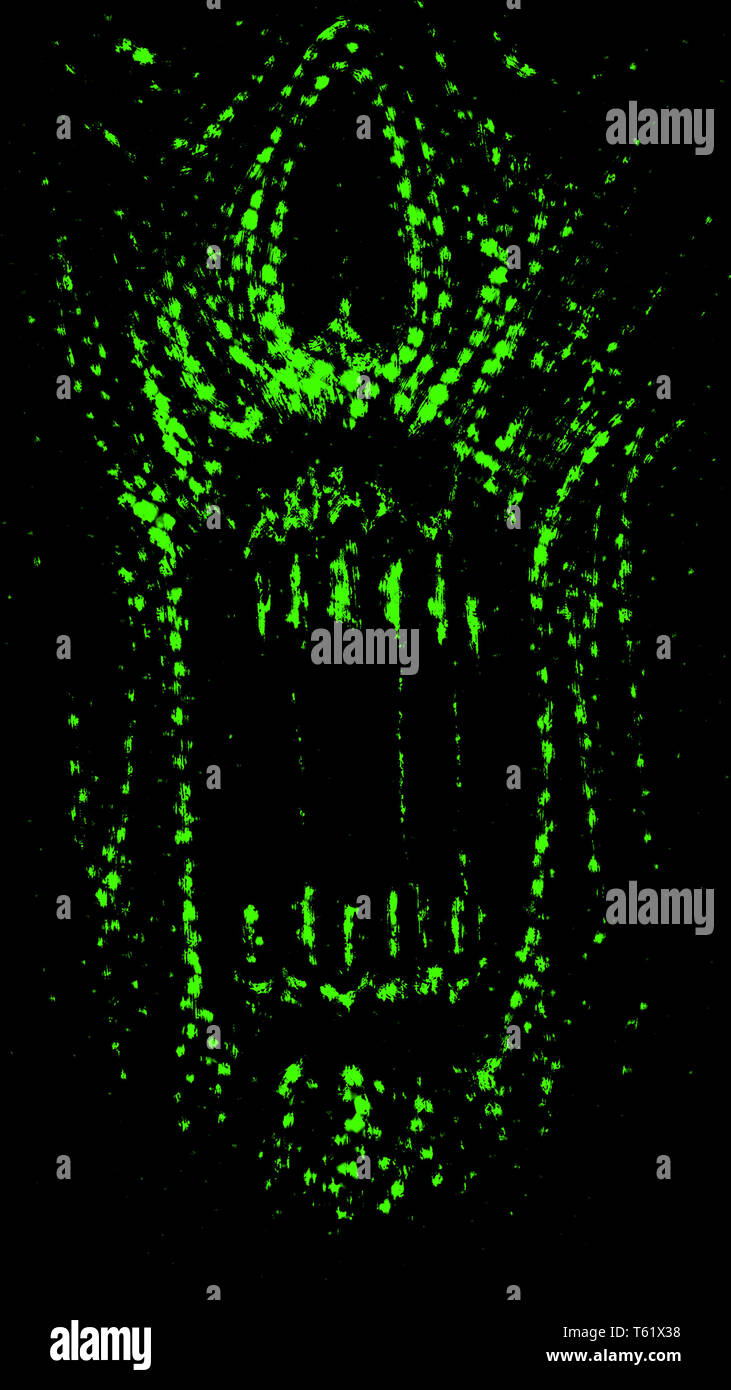 L'Abstraction face zombie sur fond noir. Illustration de genre d'horreur. Caractère monstre effrayant visage. La couleur verte. Banque D'Images