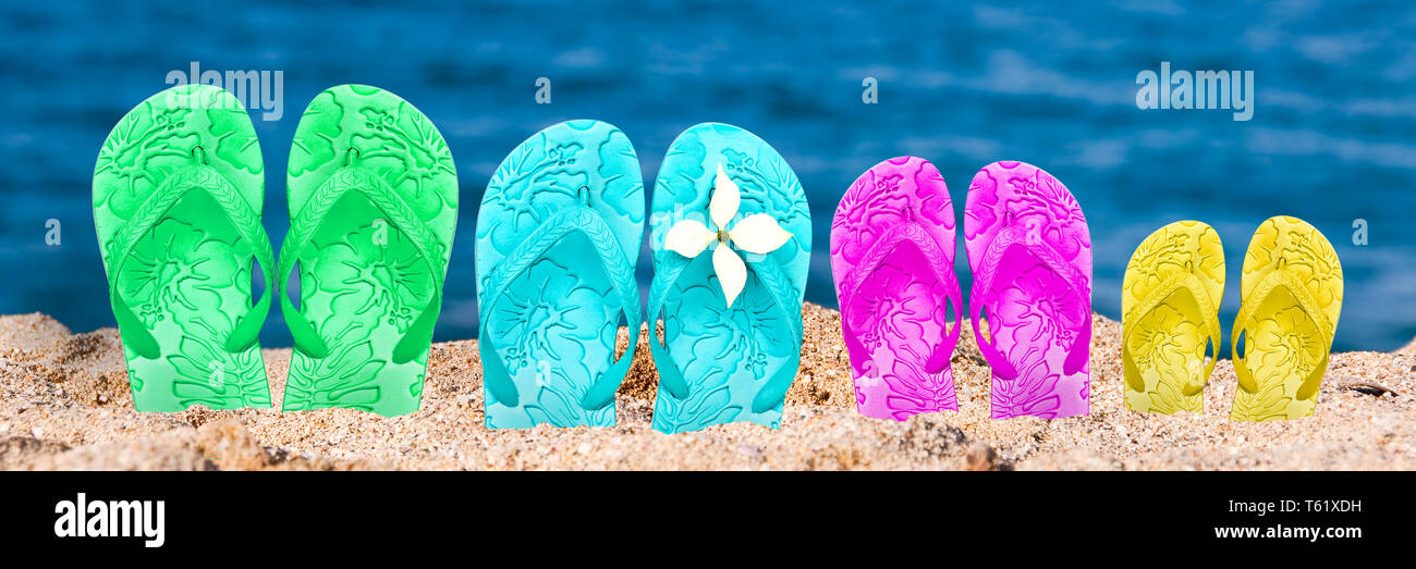 Tongs de la famille sur une plage, vue panoramique sur fond d'été copy space Banque D'Images