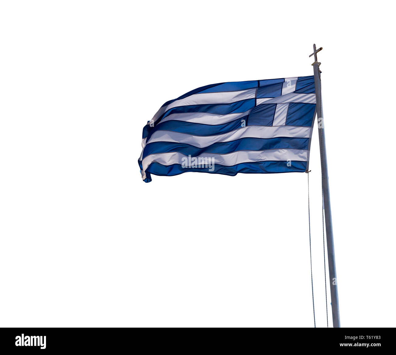 Brandir le drapeau grec sur fond bleu ciel nuages Grèce Banque D'Images