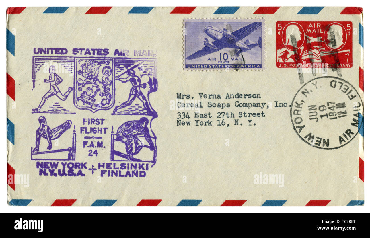 Historique nous enveloppe : couvrir avec cachet sport États-unis Air Mail premier vol Helsinki Finlande, deux timbres-poste cinq dix cents, 1947 Banque D'Images