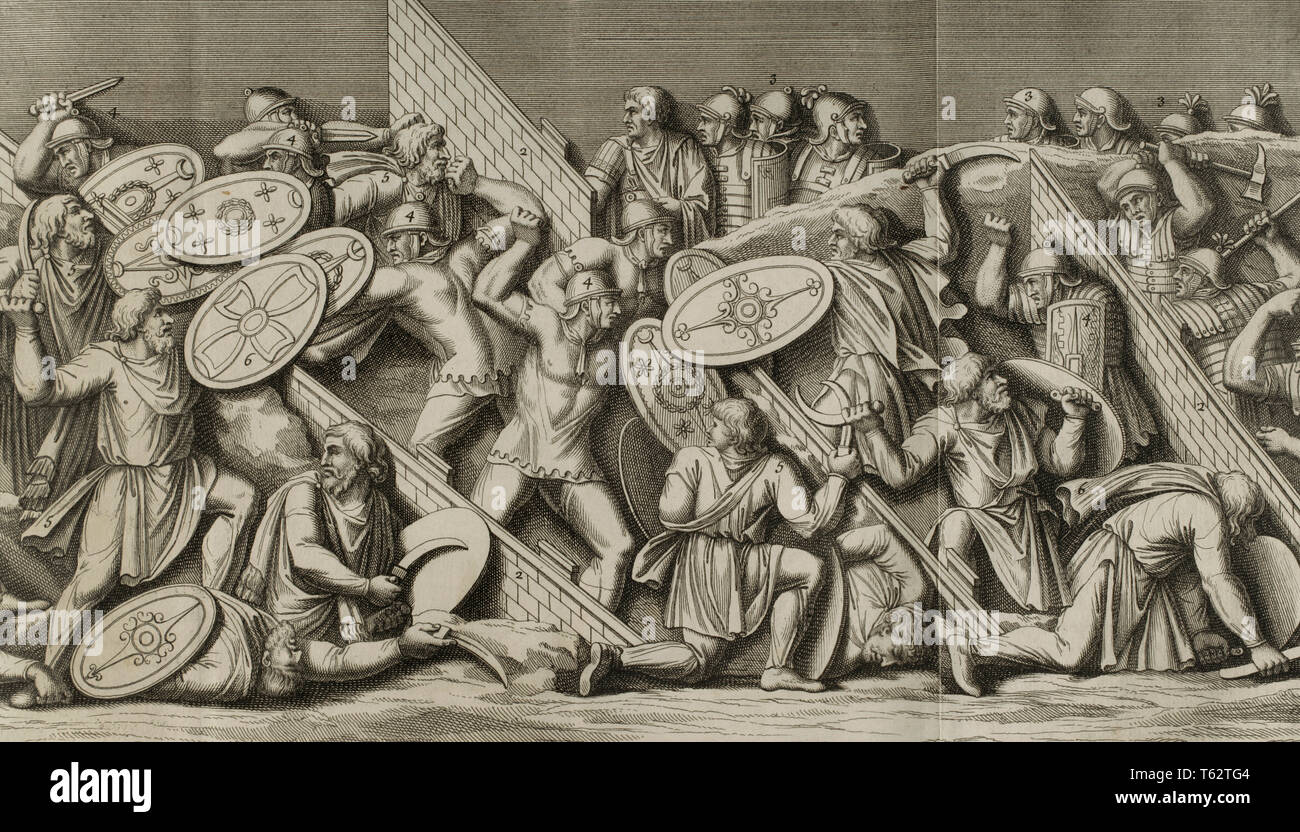 L'histoire par Polybe. Le volume II. Édition française traduit du grec par Dom Vincent Thuillier. Commentaires de la science militaire enrichi de notes historiques et critiques par M. De Folard. Paris, chez Pierre Gandouin, Julien-Michel Gandouin, Pierre-François Giffart et Nicolas-Pierre Armand, 1727. L'impression par Jean-Baptiste Lamesle. Trajan's 72038 guerres. 2ème ANNONCE de siècle. Gravure représentant des reliefs de la colonne Trajane. Scène de siège. Daces attaquer le Roman des tranchées. Banque D'Images