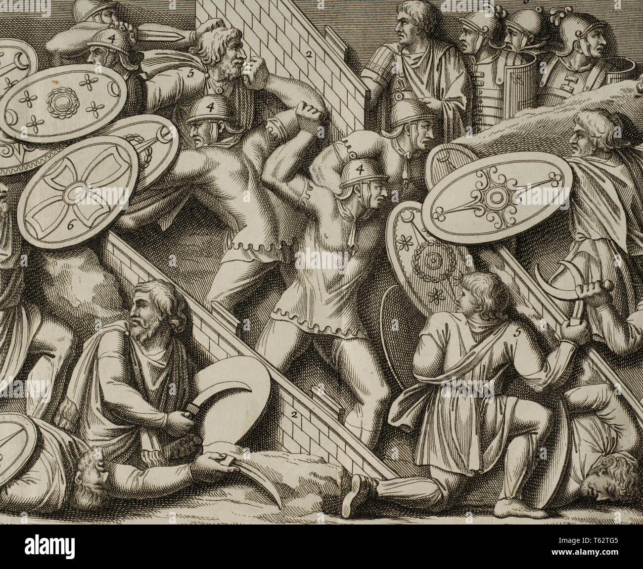 L'histoire par Polybe. Le volume II. Édition française traduit du grec par Dom Vincent Thuillier. Commentaires de la science militaire enrichi de notes historiques et critiques par M. De Folard. Paris, chez Pierre Gandouin, Julien-Michel Gandouin, Pierre-François Giffart et Nicolas-Pierre Armand, 1727. L'impression par Jean-Baptiste Lamesle. Trajan's 72038 guerres. 2ème ANNONCE de siècle. Gravure représentant des reliefs de la colonne Trajane. Scène de siège. Daces attaquer le Roman des tranchées. Banque D'Images
