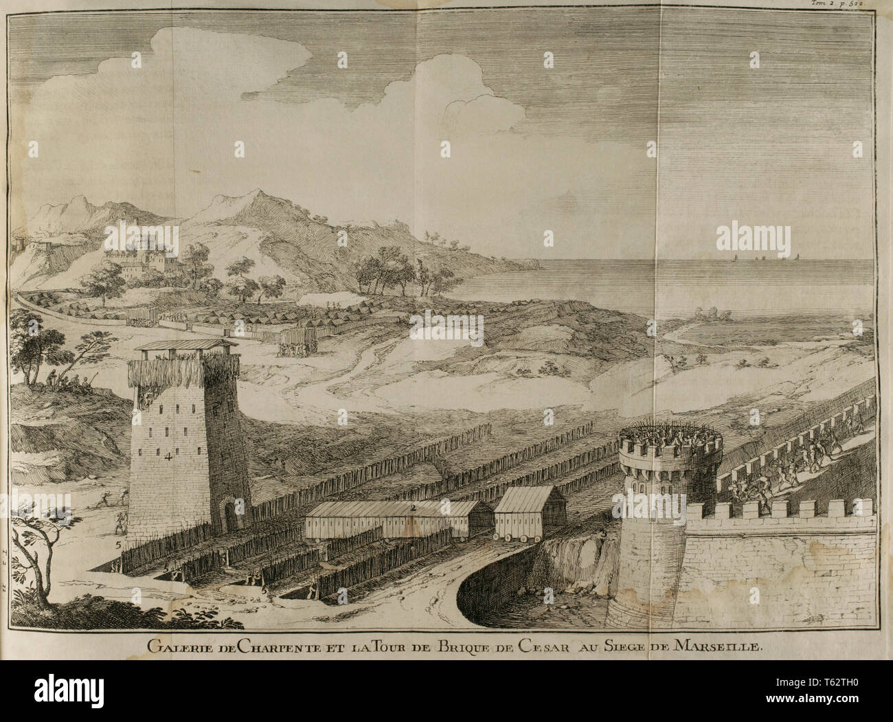 L'histoire par Polybe. Le volume II. Édition française traduit du grec par Dom Vincent Thuillier. Commentaires de la science militaire enrichi de notes historiques et critiques par M. De Folard. Paris, chez Pierre Gandouin, Julien-Michel Gandouin, Pierre-François Giffart et Nicolas-Pierre Armand, 1727. L'impression par Jean-Baptiste Lamesle. République romaine. La guerre civile de César (49-45 av. J.-C.). Siège de la ville de Marseille pour être un partisan de Pompée, 49 BC. La tour de brique de César. Banque D'Images