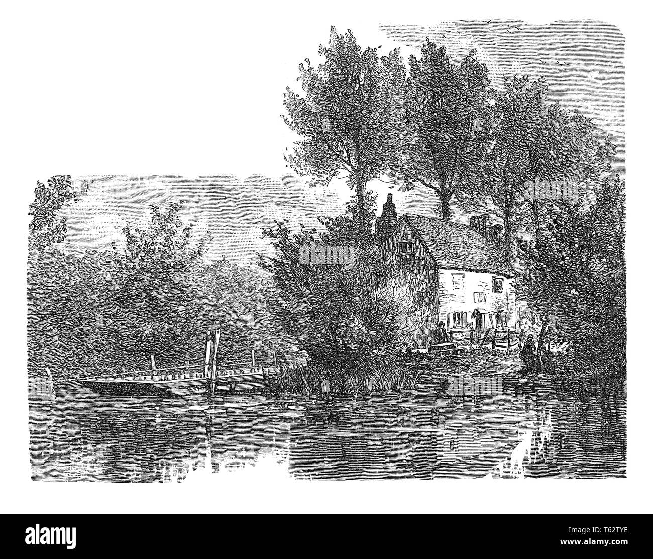 1891 gravure du ferry à Hythe Bablock sur la Tamise dans l'Oxfordshire. Banque D'Images