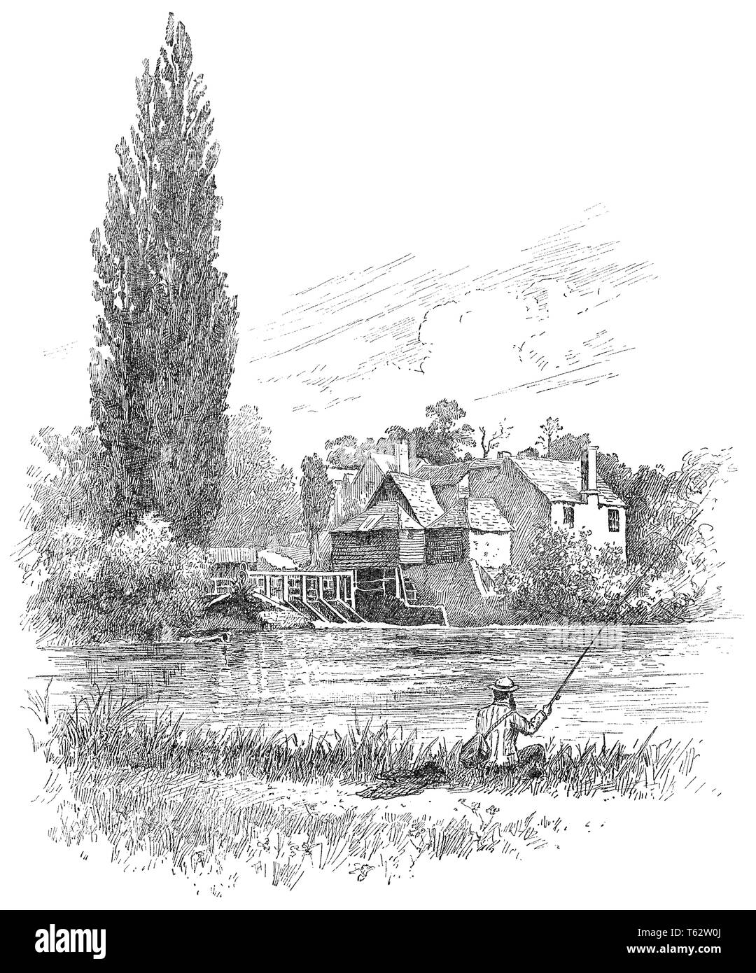 1891 gravure d'Iffley moulin sur la Tamise dans l'Oxfordshire, Angleterre. Le moulin a brûlé en 1908. Banque D'Images