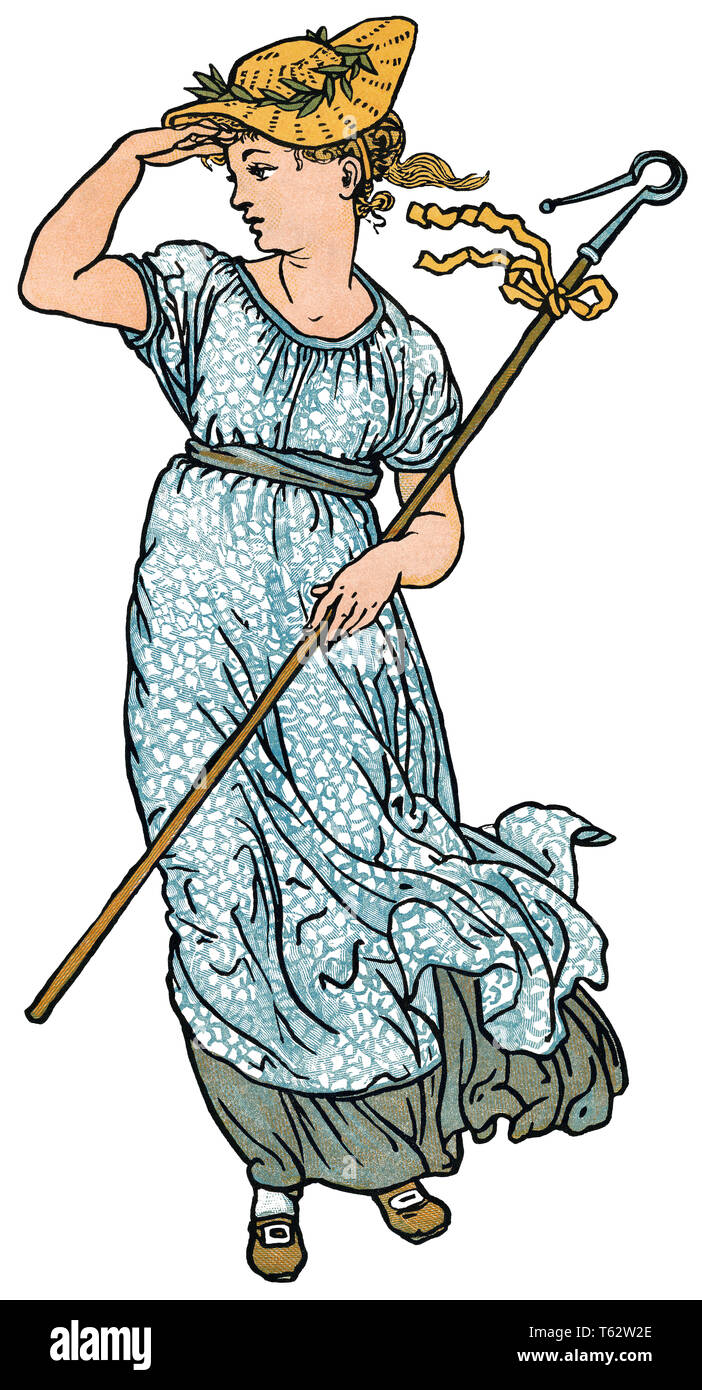 1877 illustration de petite Bo-Peep la recherche de ses moutons par l'illustrateur Walter Crane (1845-1915). Banque D'Images
