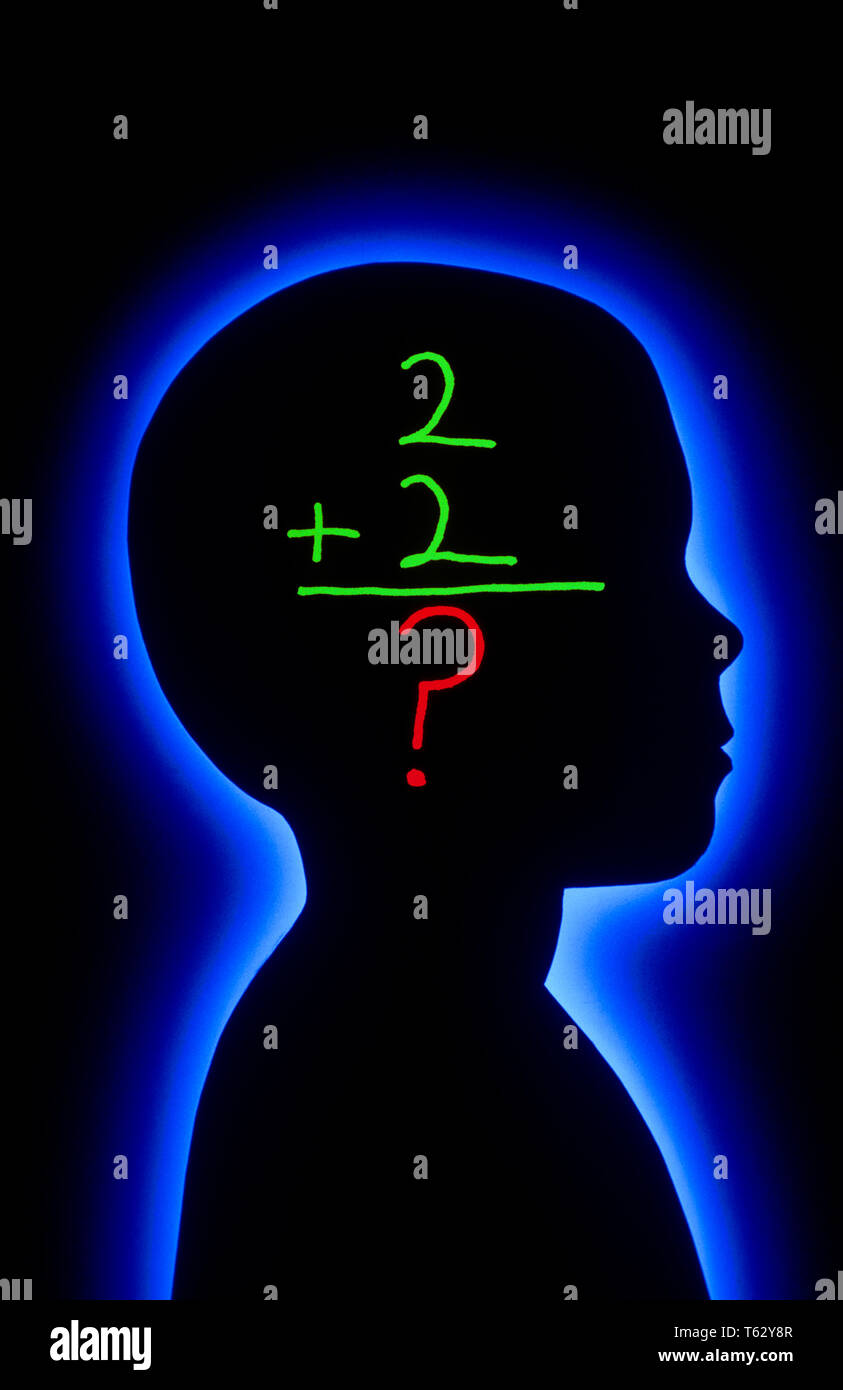 Tête de l'ENFANT ANONYME ET SILHOUETTE problème mathématique non résolus 2  + 2  = ? - Ks27959 GER002 HARS ET COMPOSITE À LA QUESTION SIMPLE CONNEXION PRIMAIRE AJOUTER ENCORE PLUS DE LA VIE CONCEPTUELLE DES PROBLÈMES ARITHMÉTIQUES Réponse anonyme de l'ENFANT DIFFICULTÉ K-12 L'ÉCOLE DE CATÉGORIE juvéniles à l'ANCIENNE SOMME SOLUTIONS Banque D'Images