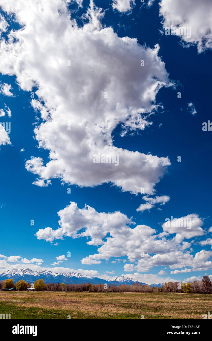 Beaux nuages et ciel de ranch ; les pâturages enneigés des montagnes Rocheuses au-delà ; le centre du Colorado, USA Banque D'Images