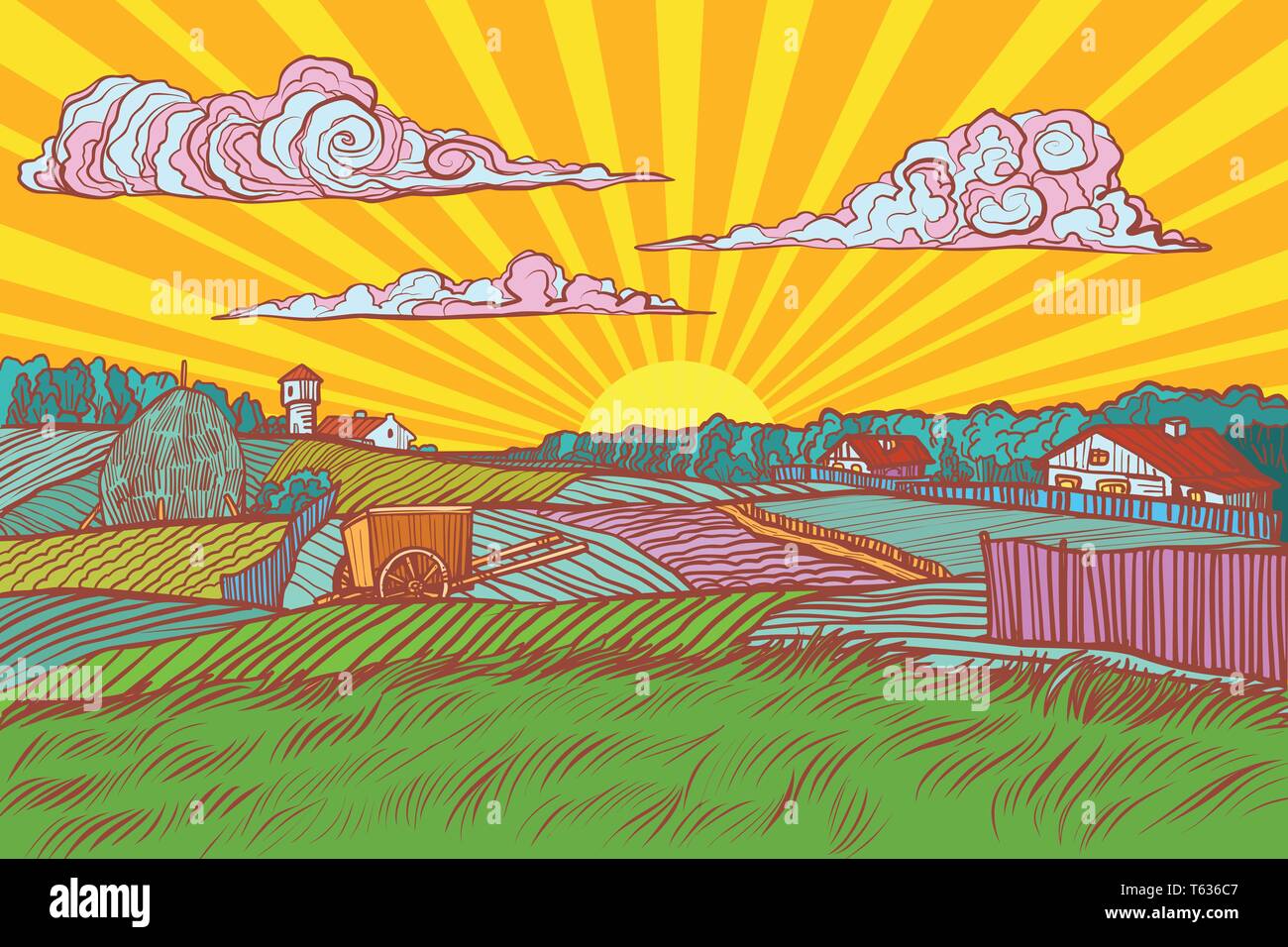 Pop art paysage rural soleil lever du soleil matin Illustration de Vecteur