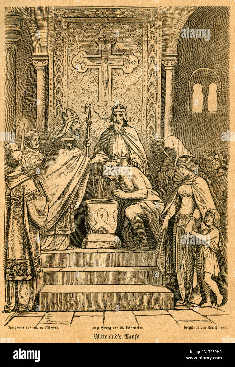 Europa, Deutschland, Nordrhein-Westfalen, Enger, Wittekind's Taufe , Moritz von Schwind, von Mischtechnik von R. Leinweber, Holzschnitt von Werthmann , JE Banque D'Images