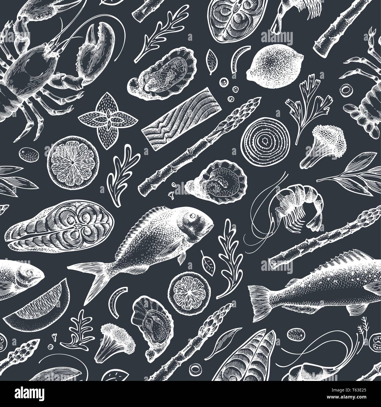 Les fruits de mer et poissons modèle transparente. Hand drawn vector illustration sur tableau. Peut être utilisé pour la conception, l'emballage, des recettes menu, étiquette, le marché aux poissons, Illustration de Vecteur