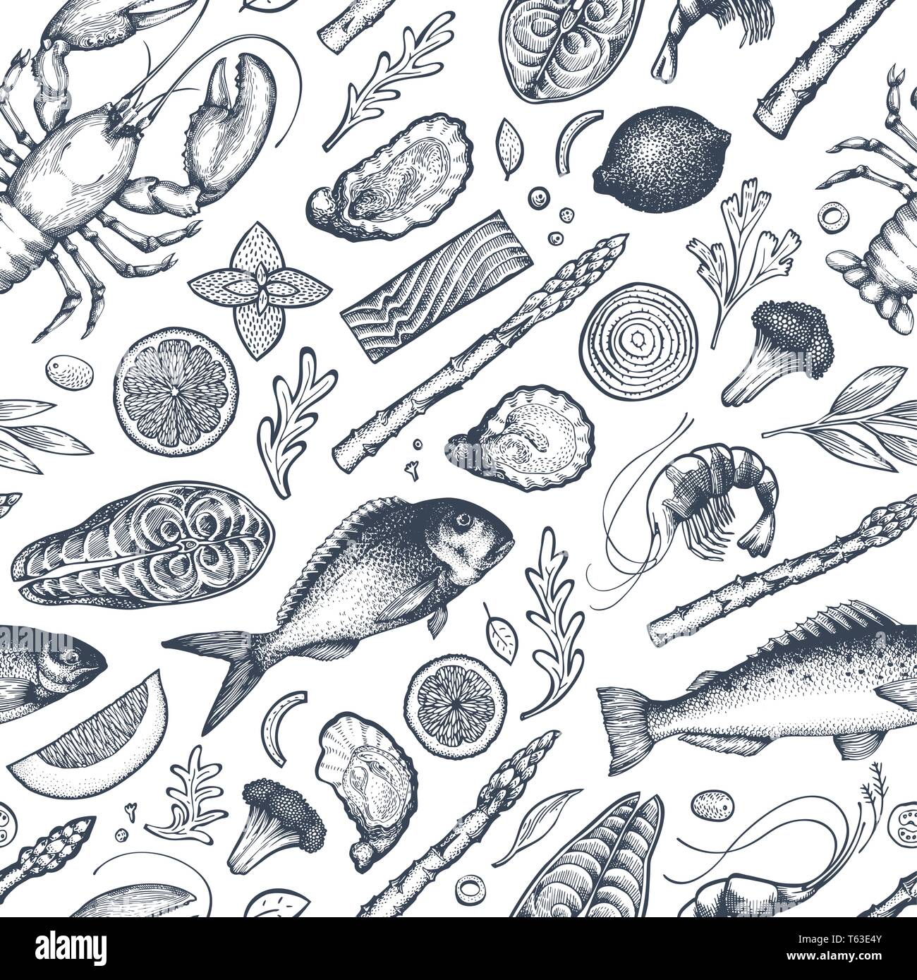 Les fruits de mer et poissons modèle transparente. Hand drawn vector illustration. Peut être utilisé pour la conception, l'emballage, des recettes menu, étiquette, marché aux poissons, fruits de mer de la production Illustration de Vecteur